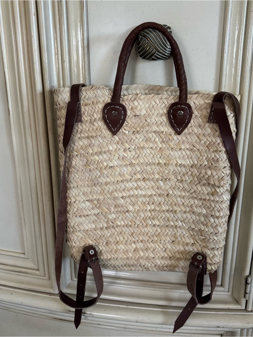 Source Unknown Natural Straw Backpack with Brown Leather Trim